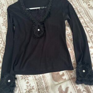 Black real fur trim top, size XXS-XS